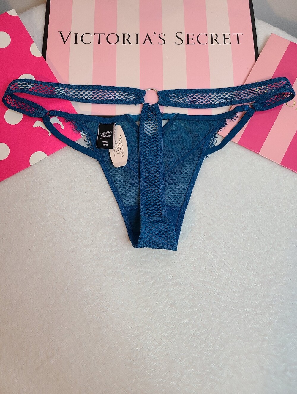 Rare Y2K Victoria's Secret Sexy Rhinestone Fishnet Thong Panty Size M - Picture 3 of 5